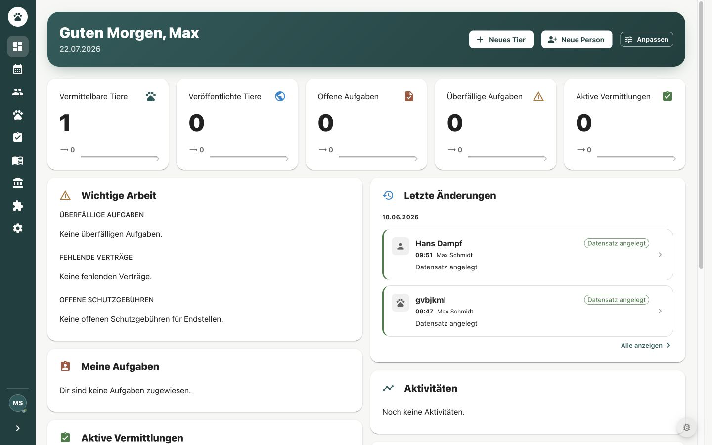 Sheltra-Dashboard mit linker Hauptnavigation und Schnellaktionen